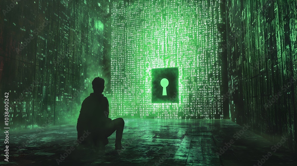 Poster hacker facing impenetrable digital lock in dark room of encrypted data