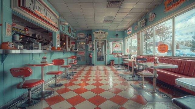 A 1950s diner with vintage signage and checkered floors