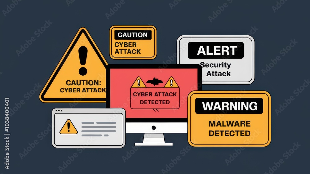Aufkleber a collection of warning signs and alerts about cyber attacks, emphasizing the importance of cybersec