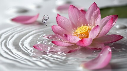 A serene scene of a pink lotus flower partially in water, delicate petals falling and creating ripples, with water droplets sparkling against a crisp white background.