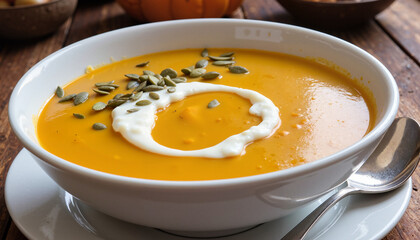 Pumpkin soup with cream and pumpkin seeds in a rustic bowl