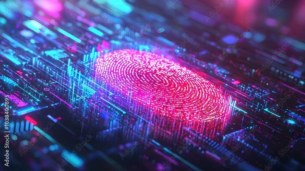 Poster futuristic digital fingerprint scanning with encrypted security shields in vibrant colors