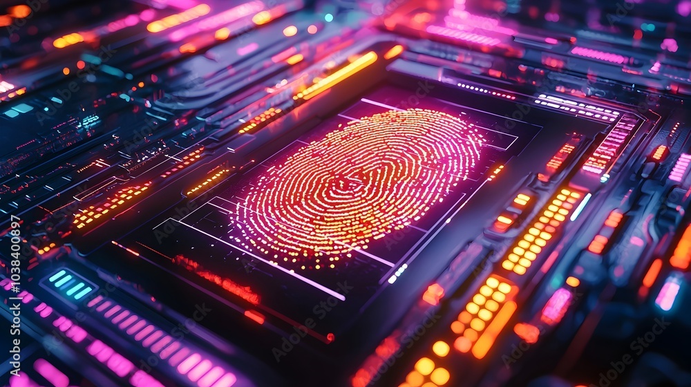 Poster vibrant futuristic digital fingerprint scanning with encrypted security layers