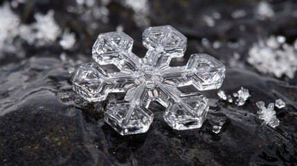 Fototapeta premium Frosty Elegance - Close-up of Delicate Snowflake on Dark Rock in Ice Age Environment, Ultra-Detailed Winter Beauty