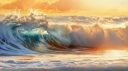 Obraz premium breathtaking tropical wave crashing into a sunlit shore, capturing the essence of summer's beauty in vibrant colors