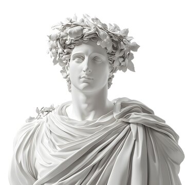 Classical marble statue of apollo with laurel wreath and draped robe