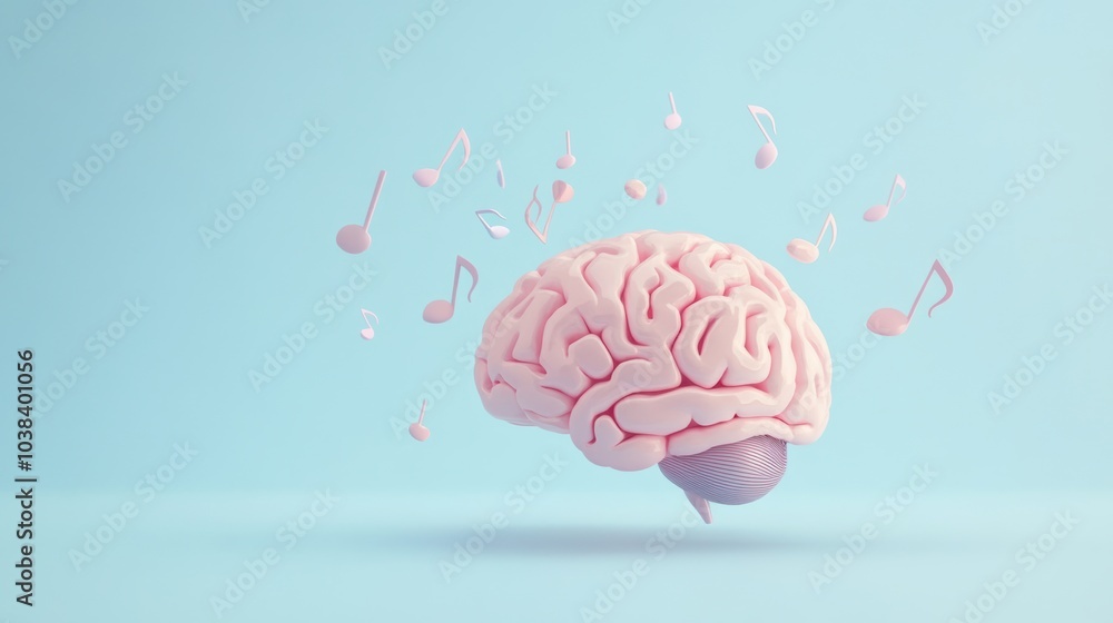 Poster A colorful representation of a human brain with musical notes floating around, illustrating the relationship between music and thought. Generative AI