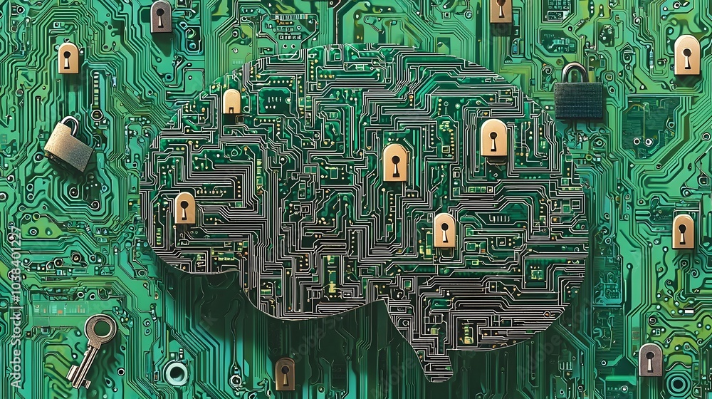 Poster abstract circuit board brain with locks and keys representing mental privacy