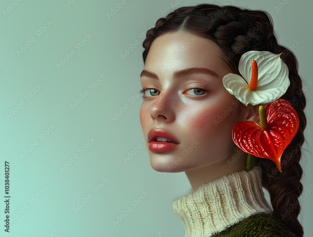 Poster model with braided hair, one white anthurium flower in her ear and another red orchid on her head, against a white background