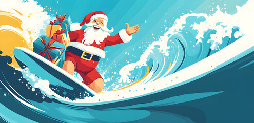 Santa Claus Surfing Wave While