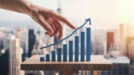 A hand points at a rising graph symbolizing growth and success against a city backdrop, representing financial achievement.