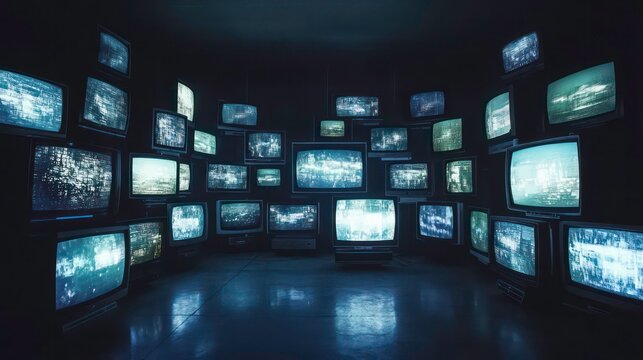 A room full of old televisions with static on the screen.