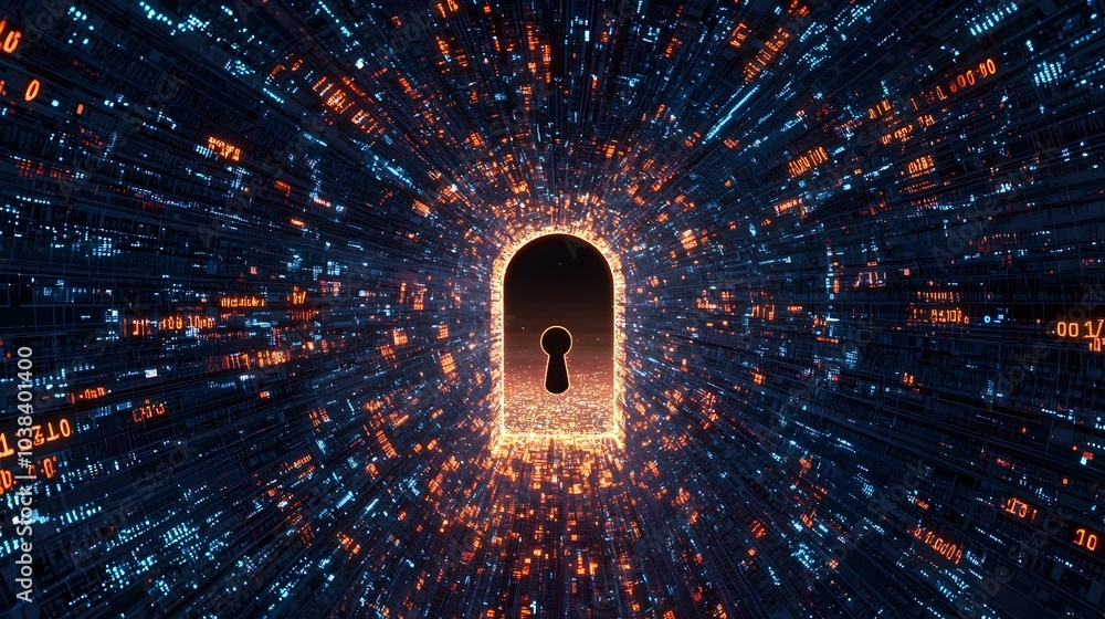 Poster giant keyhole unlocking a matrix of digital data with padlocks