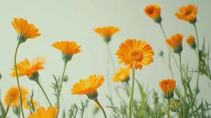 Fototapeta premium bright orange calendula flowers bloom, their petals radiating warmth against a crisp white background, highlighting the beauty of nature's simplicity and vibrancy