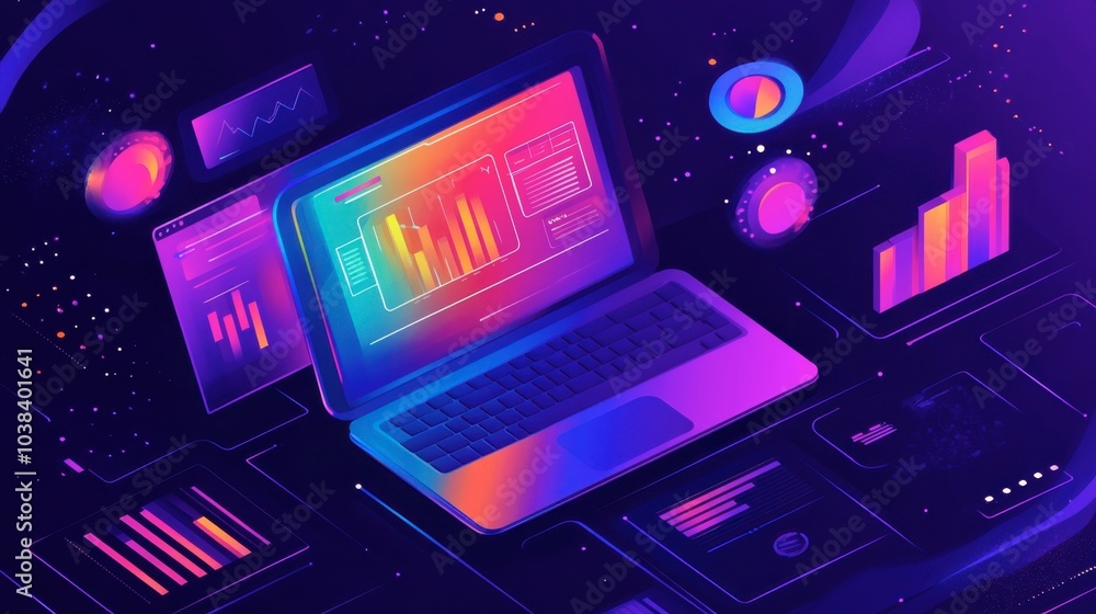 Poster colorful digital workspace with data visualization tools