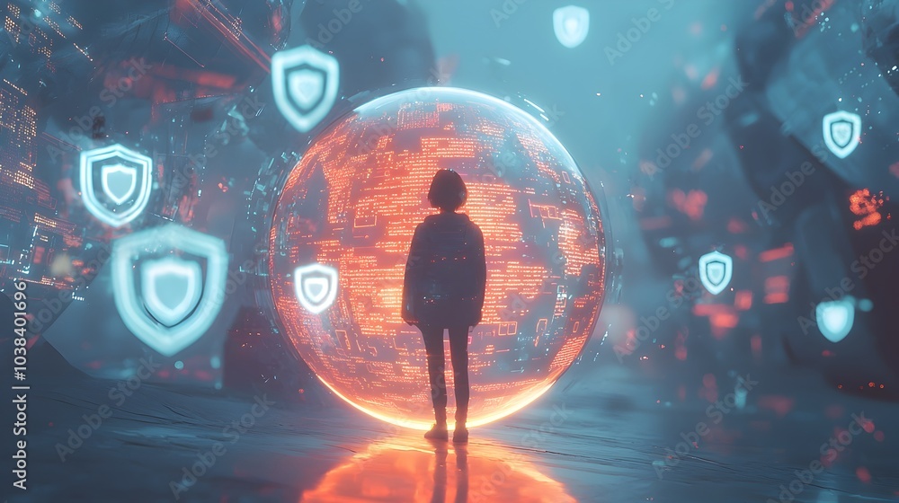 Poster secured digital persona inside glowing sphere with floating data and shield icons