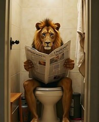 Lion sit on the toilet, leo sitting on the potty, restroom humor, black and white
