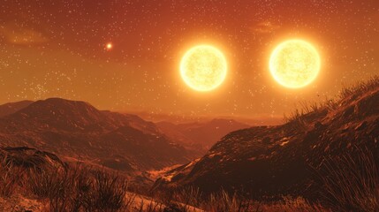 A planet orbiting sun with a unique day/night cycle where both stars set together, creating a rare, golden twilight