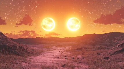 A planet orbiting sun with a unique day/night cycle where both stars set together, creating a rare, golden twilight