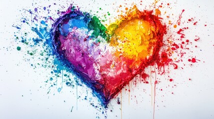 A vibrant heart shape created from rainbow paint splashes on a white background, bursting with color and energy