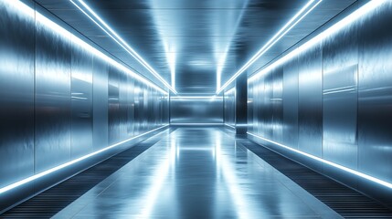 Fototapeta premium Cyberpunk-inspired corridor with metallic walls, bright LED strips guiding the path, a perfectly reflective floor extending into a futuristic vanishing point