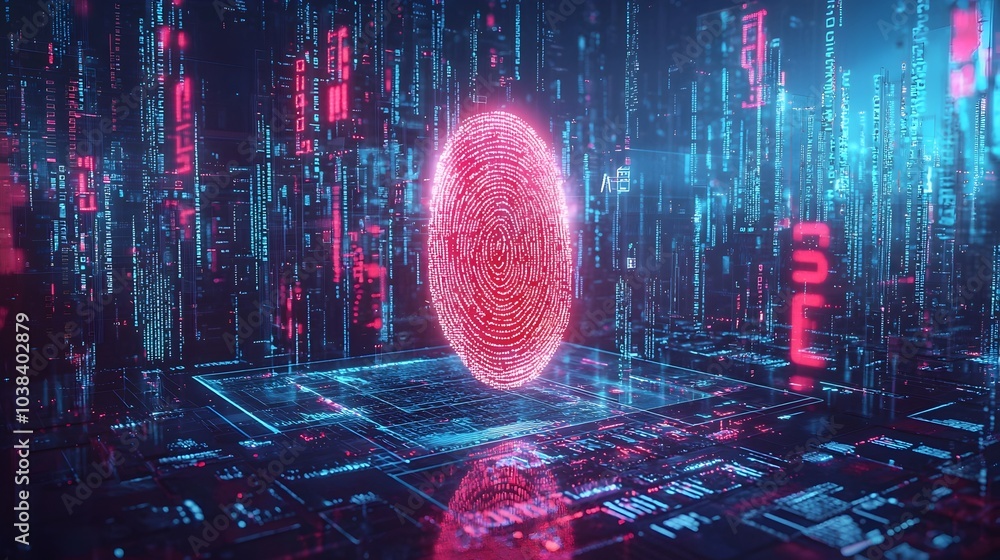 Poster futuristic fingerprint hovering over digital security screen