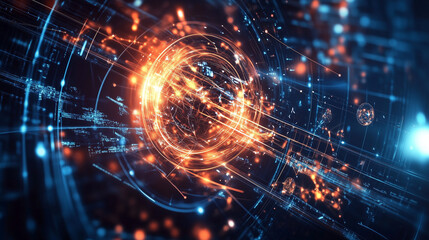 Naklejka premium Tło inspirowane nauką i technologią przedstawia dynamiczne linie oraz geometryczne kształty, symbolizujące postęp w badaniach i innowacjach technologicznych.