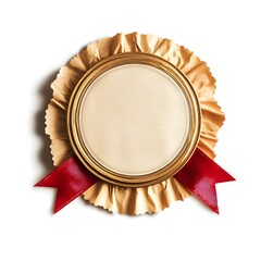 Golden rosette ribbon badge with red accents on white background