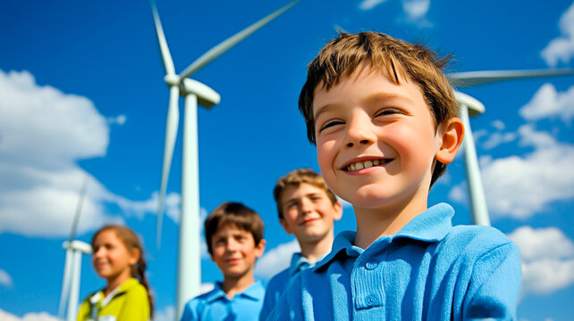 Smiling kids promoting renewable energy with wind turbines. Group of children standing near wind turbines on a sunny day. Happy children learning about clean energy outdoors.