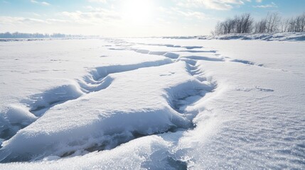 Frosty River: Dynamic Ice Age Environment with Cracks in Frozen Water - Ultra-Detailed Photo