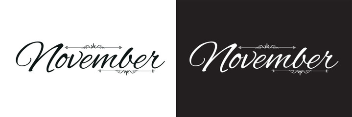 Hey November. Calligraphy Handwritten Black and white Color Text On white and black  Background.  Vector illustration. EPS 10
