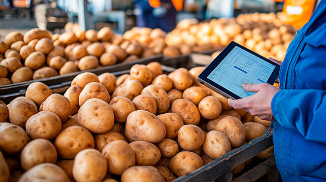 Worker managing potato inventory with tablet in hand. Digital monitoring of potato stock at storage facility.