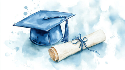 a watercolor illustration of a graduation cap with a blue tassel alongside a rolled diploma tied with string