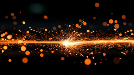 Fototapeta premium Rozmyte iskry unoszą się w powietrzu na tle głębokiej czerni, tworząc efekt eterycznego ognia. 