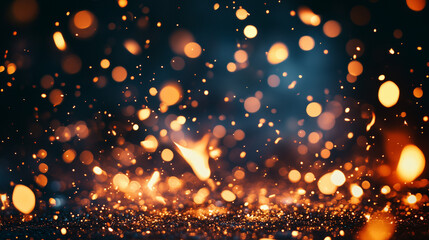 Naklejka premium Rozmyte iskry unoszą się w powietrzu na tle głębokiej czerni, tworząc efekt eterycznego ognia. 