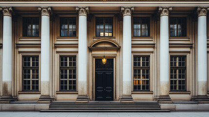 Fototapeta premium a classic, elegant building with a symmetrical facade. It features tall columns, a central entrance with a dark door, and large windows. The overall design has a timeless architectural style