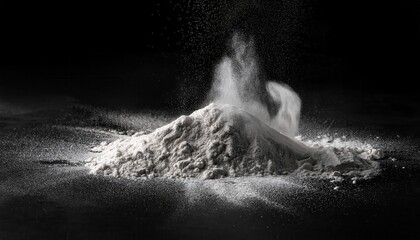 Obraz premium Vibrant Burst of Flour Particles Erupting in Mid-Air with a Focus on Textured Details and Powder Dispersion Against a Dark, Minimalist Background for Baking, Culinary Science, or Chemical Reactions