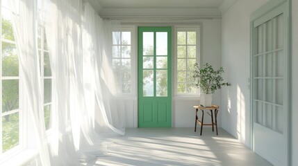 Fototapeta premium Bright Sunroom Illustration with Green Door and Plants