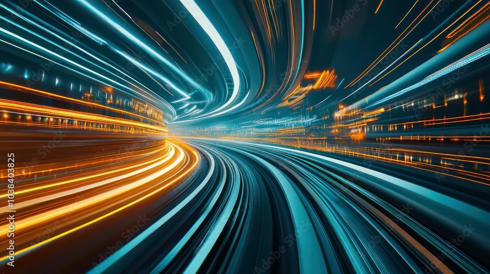 Poster abstract motion blur of light trails in a tunnel, creating a sense of speed and energy.