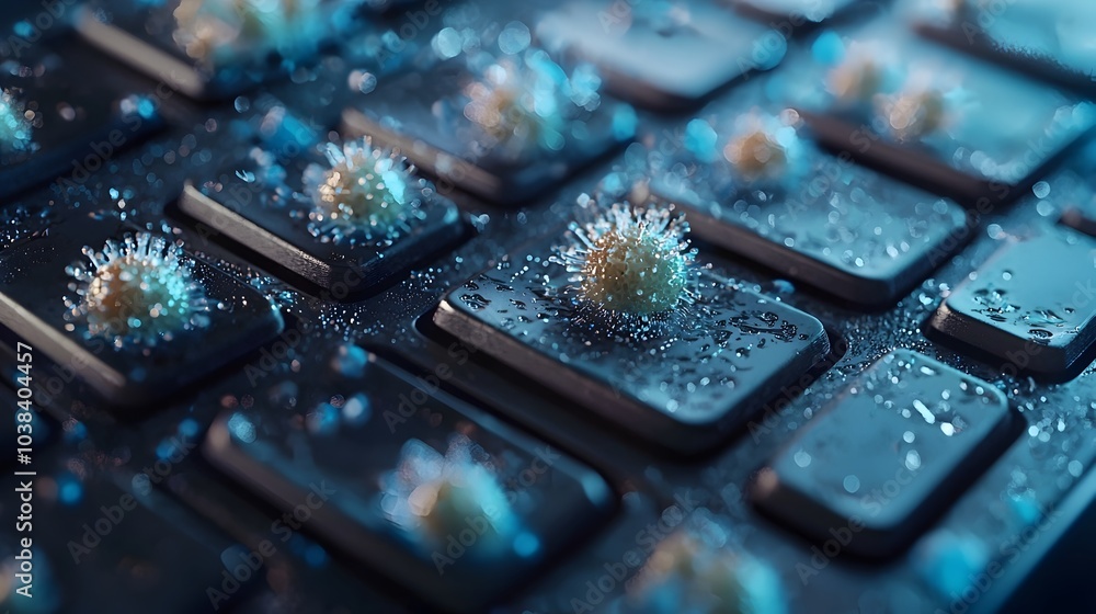 Poster detailed microscopic view of bacteria accumulation on computer keyboard surface depicting