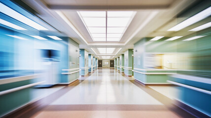 Vibrant hospital corridor, bright lighting, teal walls, fast motion, futuristic environment, calm atmosphere