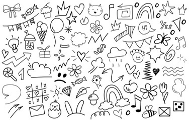 Big set of Hand-Drawn Doodle Elements Set – Fun Sketch Icons and Symbols for Notes and Design.