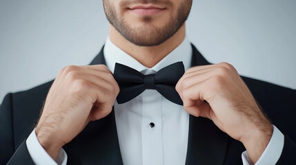A man in a black suit and white shirt is getting ready to tie his bow tie