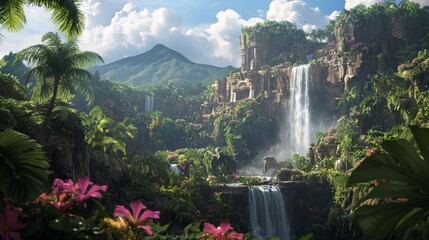 A tropical planet teeming with life, covered in dense, towering jungle trees, enormous exotic flowers, and strange alien animals