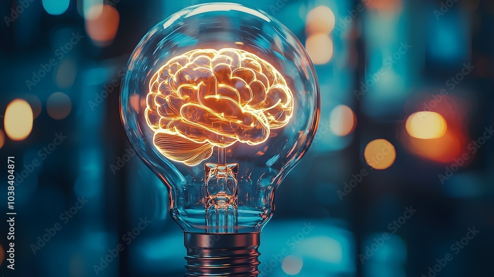Poster glowing brain-shaped filament inside illuminated light bulb symbolizing intelligence and innovation
