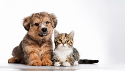 Obraz premium 仲良く一緒に座っている子犬と猫（Puppy and cat sitting together friendly） 