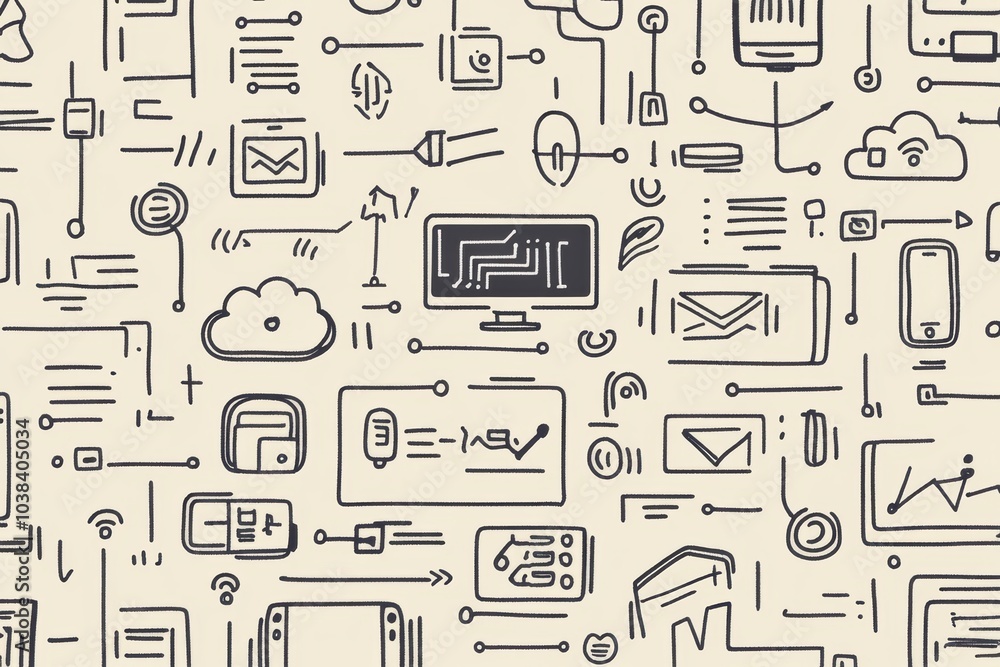 Poster This artwork features intricate doodles of technology items like computers, smartphones, and coding symbols in black ink on a light background. Generative AI