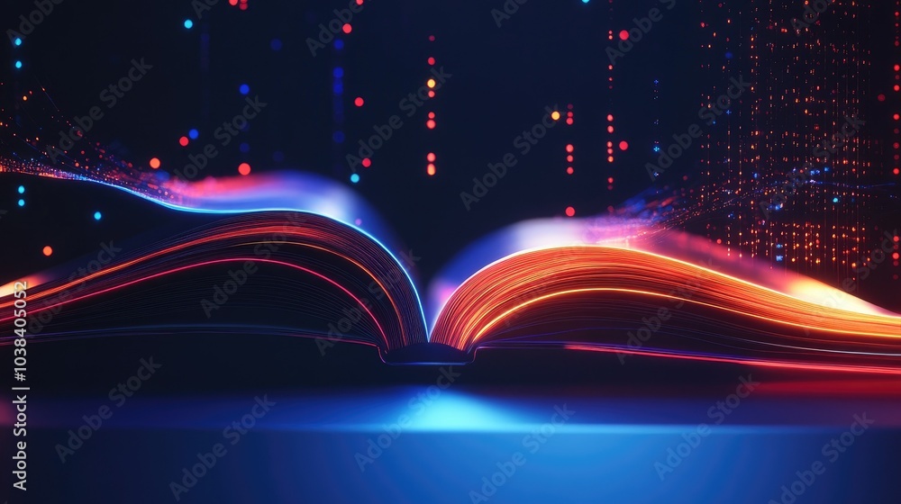 Poster an open digital book in a minimalist design, featuring dynamic, futuristic visuals, representing the