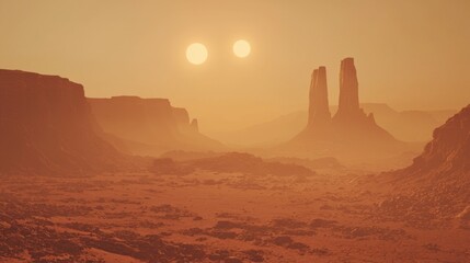 Naklejka premium A barren planet with a rust-colored desert landscape sun in the sky casting long shadows, and rugged, jagged mountain ranges in the distance