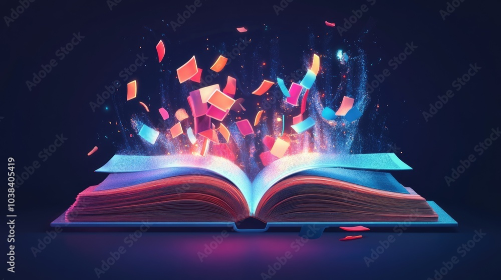 Aufkleber an open digital book showcasing advanced learning technology and captivating graphics, designed to i